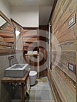 interior view of a rustic bathroom with wainscoting photo