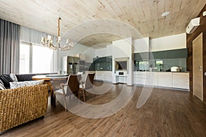 interior view of stylish empty kitchen and dining