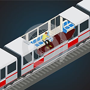 Interior view of a subway car. Train, Subway. Transport. Vehicles designed to carry large numbers of passengers. Flat