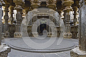 Interior view of Swarg Mandapa with carved pillars of the Kopeshwar Temple, Khidrapur,