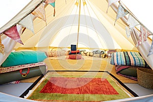 Interior View Of Teepee Tent Pitched On Glamping Camp Site With No People