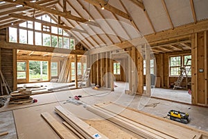 Interior of timber frame house under construction