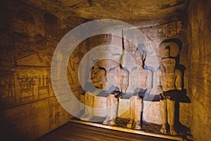 Interior View to the Great Temple at Abu Simbel with Ancient Egyptian Pillars and Drawing on the Walls