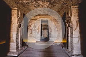 Interior View to the Great Temple at Abu Simbel with Ancient Egyptian Pillars and Drawing on the Walls