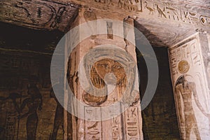 Interior View to the Great Temple at Abu Simbel with Ancient Egyptian Pillars and Drawing on the Walls