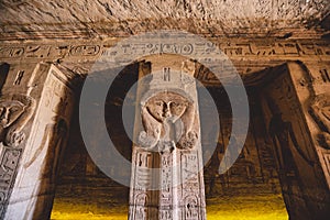 Interior View to the Great Temple at Abu Simbel with Ancient Egyptian Pillars and Drawing on the Walls