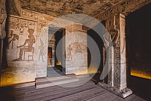 Interior View to the Great Temple at Abu Simbel with Ancient Egyptian Pillars and Drawing on the Walls