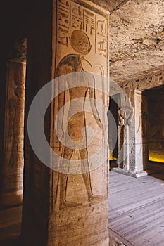 Interior View to the Great Temple at Abu Simbel with Ancient Egyptian Pillars and Drawing on the Walls