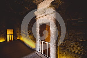 Interior View to the Great Temple at Abu Simbel with Ancient Egyptian Pillars and Drawing on the Walls