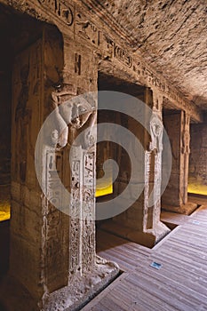 Interior View to the Great Temple at Abu Simbel with Ancient Egyptian Pillars and Drawing on the Walls