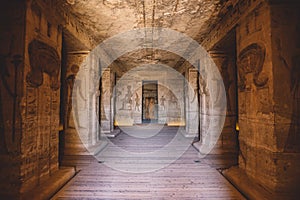 Interior View to the Great Temple at Abu Simbel with Ancient Egyptian Pillars and Drawing on the Walls