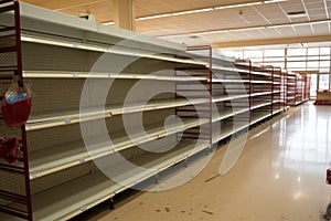Interior view of a warehouse with shelves and racks for storing goods, Food shortage in a generic supermarket, with empty shelves