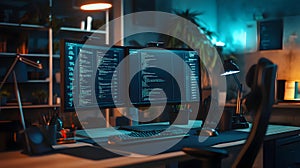 Interior view of a workspace with dual monitors displaying code