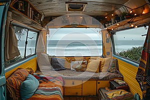 interior of vintage van on the beach, AI generated