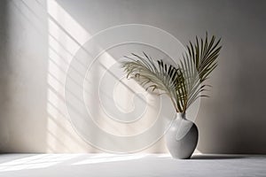 interior wall concrete design sunlight home house tree palm decor vase shadows. Generative AI.