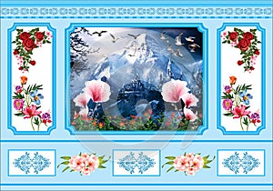 interior wall Digital 3d letest design red rose blue wallpaper