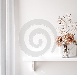 Interior wall mockup close up in neutral minimalist scandi style with decor on shelf