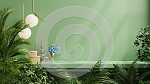 Interior wall mockup with green plant,Green wall and shelf