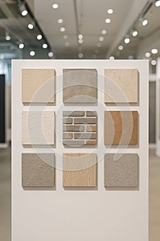 Interior wall samples display modern tile textures collection materials showroom stand neutral color palette surfaces