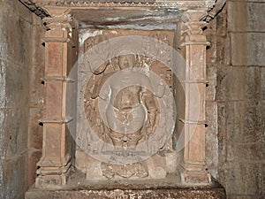 Interior, on the walls of ancient Kama Sutra temples in India kajuraho. UNESCO world heritage site. India`s most famous