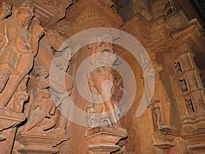Interior, on the walls of ancient Kama Sutra temples in India kajuraho. UNESCO world heritage site. India`s most famous landmark.