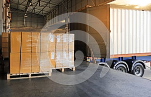Interior of warehouse dock, Large pallet shipment goods, truck docking load cargo at warehouse photo
