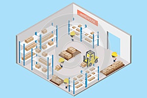 Interior warehouse with worker, isometric view