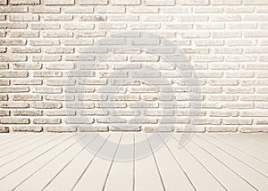 Interior of white brick wall with white wooden floor