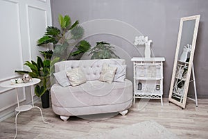 The interior is in white and gray tones with a vintage bedside table, a mirror, a gray sofa and green plants