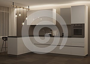 Interior with a white modern kitchen and a breakfast bar. Night. Evening lighting.