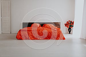 The Interior of the white room with a bed with red