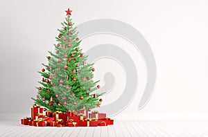 Interior of a white room with christmas tree 3d render