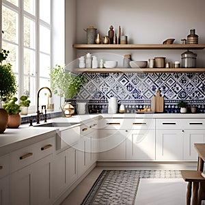 interior of a white Scandinavian kitchen with Moroccan tiling, ornamental kitchenware - a harmonious blend of modern simplicity