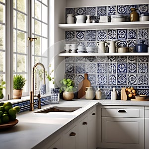 interior of a white Scandinavian kitchen with Moroccan tiling, ornamental kitchenware - a harmonious blend of modern simplicity