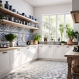 interior of a white Scandinavian kitchen with Moroccan tiling, ornamental kitchenware - a harmonious blend of modern simplicity