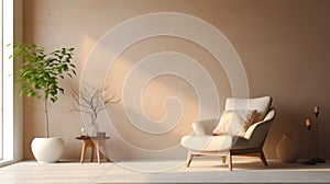 Interior with white seventies style armchair and plant, 3d render illustration.