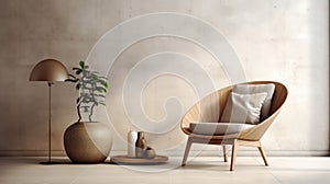 Interior with white seventies style armchair and plant, 3d render illustration.