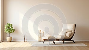 Interior with white seventies style armchair and plant, 3d render illustration.