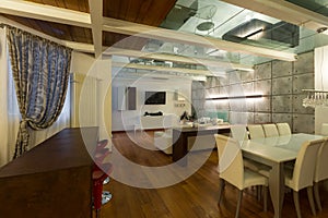 Interior, wide loft, dining room