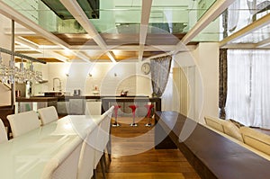 Interior, wide loft, dining room