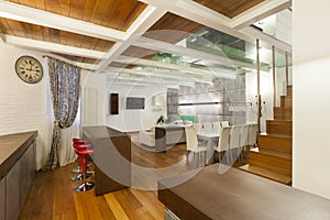 Interior, wide loft, dining room