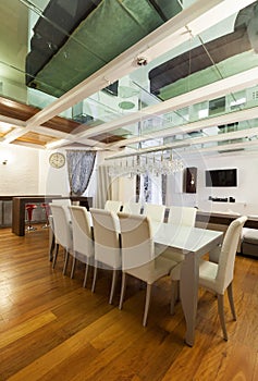 Interior, wide loft, dining room