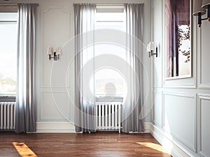 Interior with windows and curtains. 3d rendering