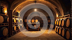 The interior of a wine cellar filled with numerous wine barrels and glasses photo