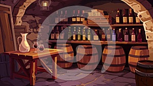 An interior of a wine cellar for storing and tasting grape drinks. Cartoon basement room with glass bottles in a rack