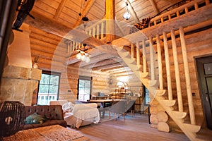 Interior of wood Chalet in mountains