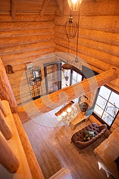 Interior of wood Chalet in mountains