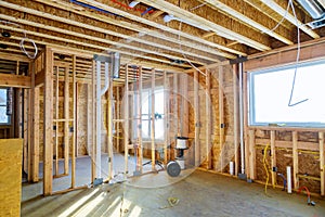 Interior with wood framing beam of new house under construction beam wood