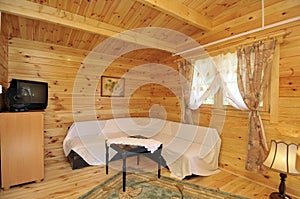 Interior of wood paneled house