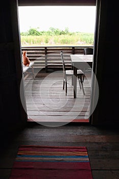 Interior, wooden asian house balcony view